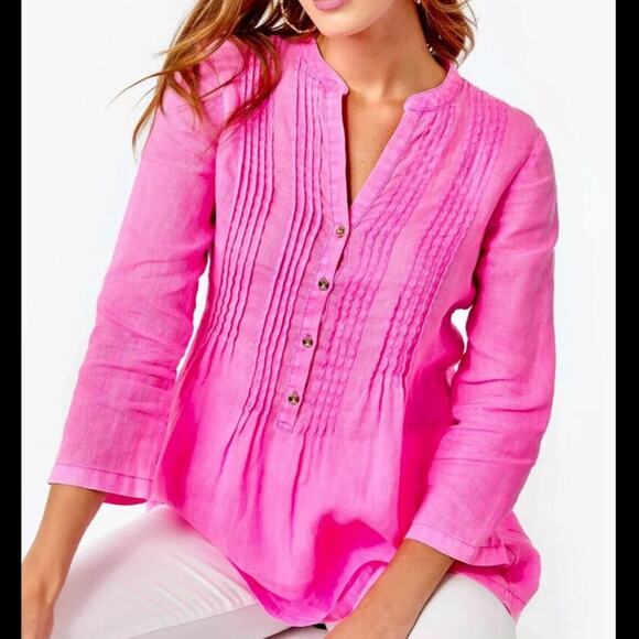 New Lilly Pulitzer Sarasota Tunic Blouse Pink Isle 100% Linen Women's sz XL - Picture 1 of 8